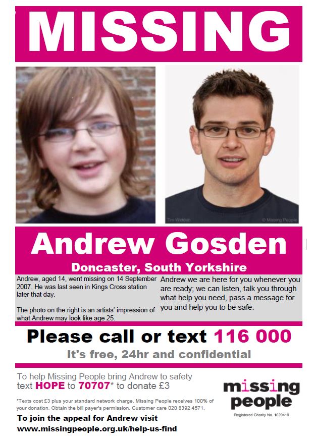 A pink banner with white writing that says MISSING below is a photograph of Andrew, a young boy with medium length brown hair, he is wearing glasses. Next to that image is a profile of an older boy with short brown hair and glasses. 