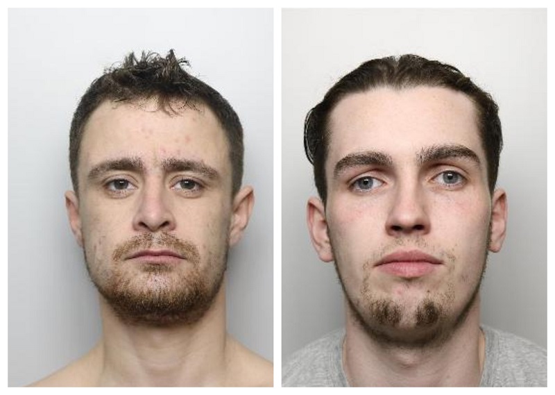 Custody images of Connor Glen (left) and Paddy Rooney (right). They are both white men in their 20s with short black hair and facial hair