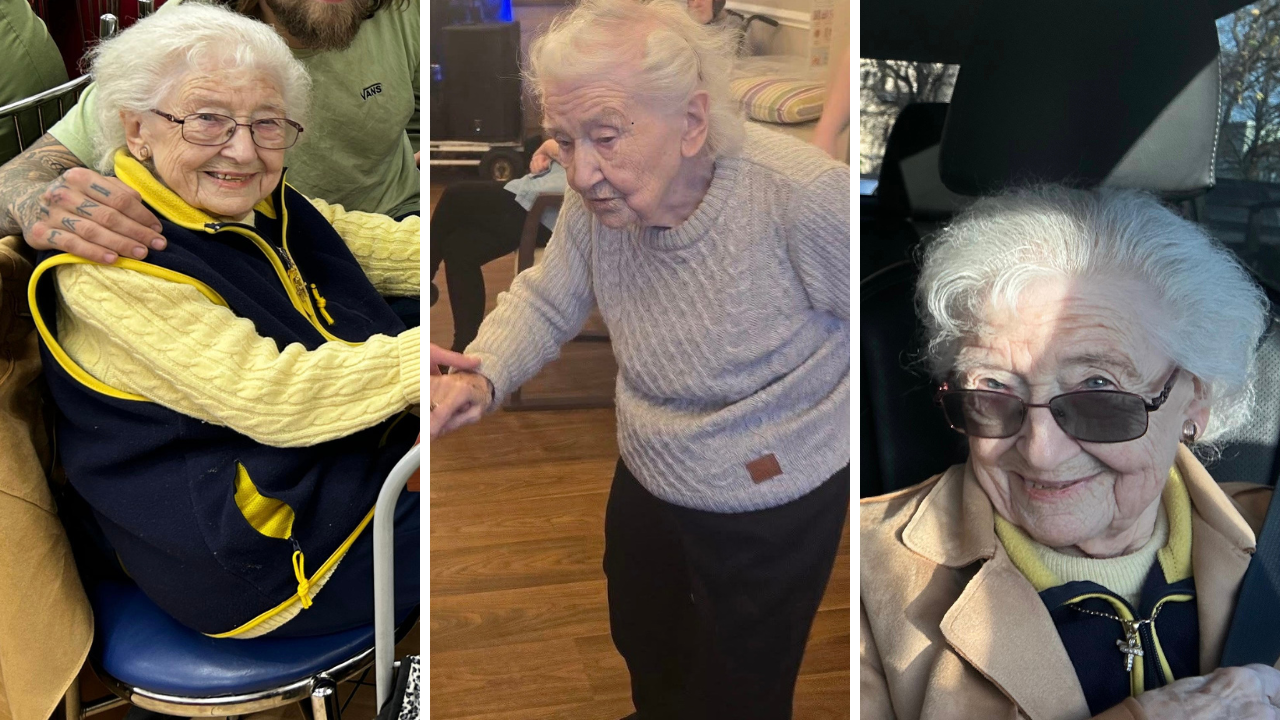 Three images of Sheila Wood. She is pictured smiling and dancing in the different images