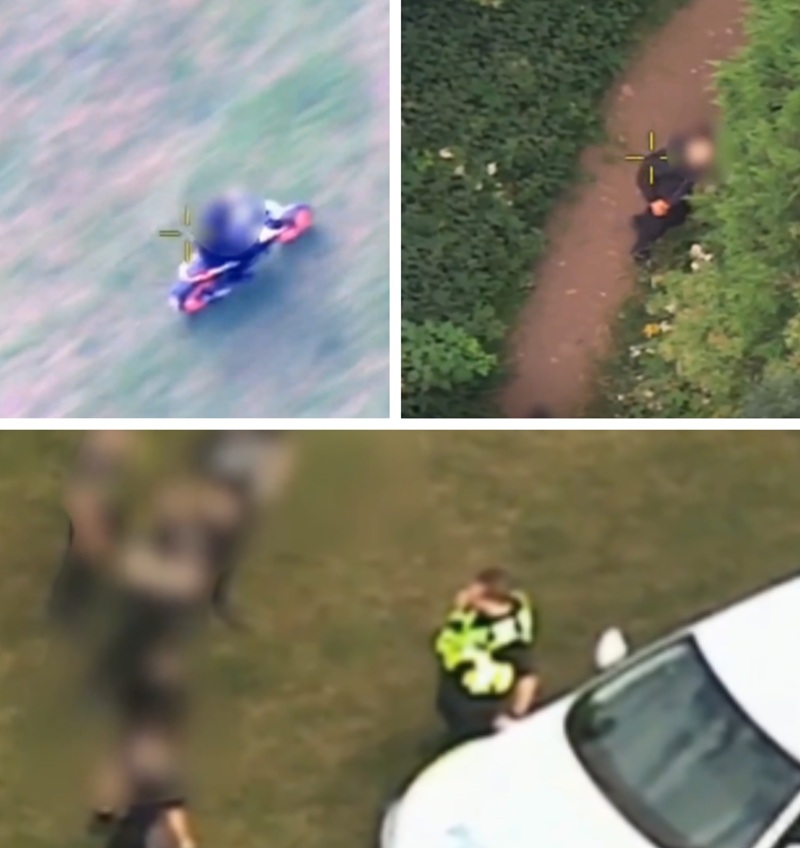 Three images in a collage showing a teenager riding an off-road bike on a field, police officers confronting a group of teenagers who are blurred, a teenager with his face blurred near a tree
