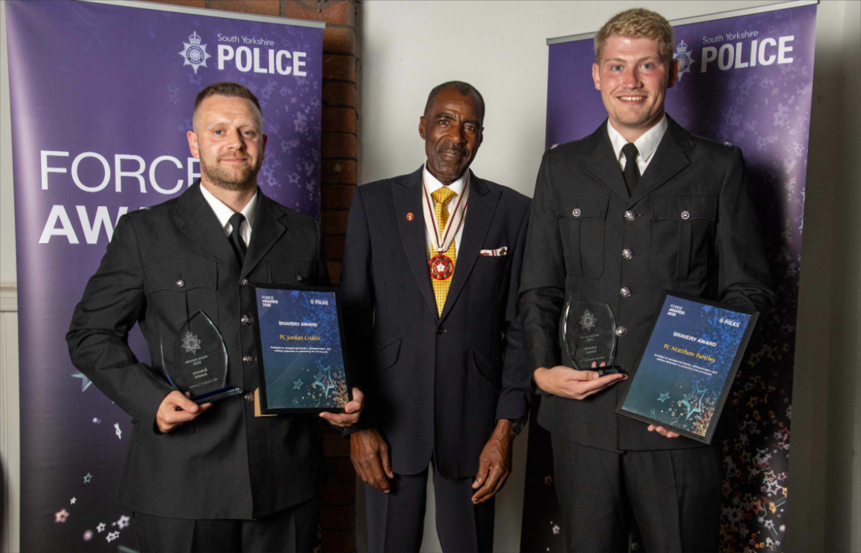 Winners of the 2026 Bravery Awards stood next to Sheffield's Master Cutler, Mr Philip Rodrigo 