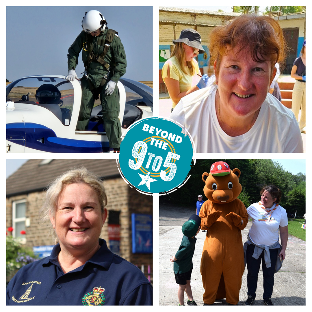 Four images of a woman volunteering