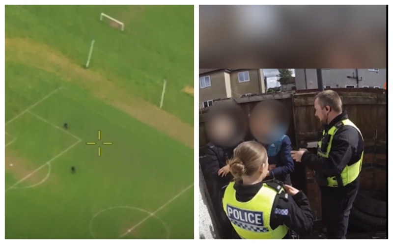 aerial footage showing off-road bikers crossing a football pitch