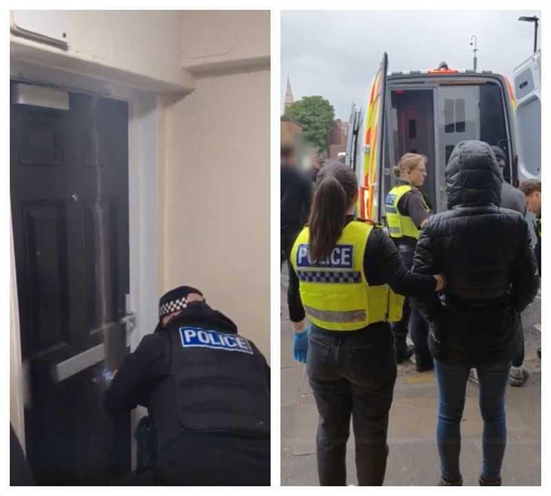 Image on left of officer using chainsaw to get through a door; image on right shows officers arresting suspects