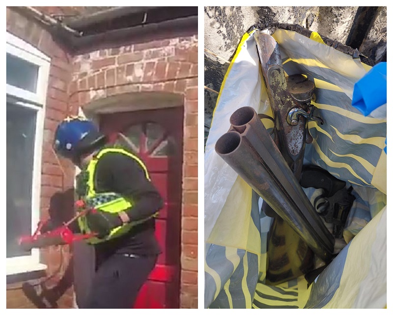Police officer in high visibility uniform uses big red key to bash down door. Other image shows guns in a bag